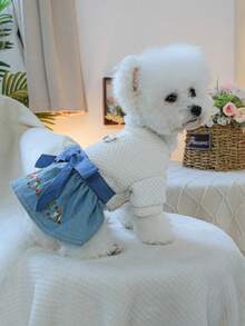 PETSIN 1pc Plush Thickened Pet Dress, Suitable For Cats And Dogs To Wear In Autumn And Winter, Embroidered Small Flower Dress In Princess Style - Blue and White - View 9