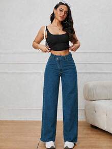 SHEIN PETITE 女款休閒百搭日常穿著牛仔褲，附口袋與鈕扣，水藍色，適合度假夜晚與夏季 - 寶藍色 - 查看 4