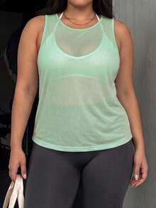 Gameset SHEIN Sport Plus Size Sports Fashion Tank Top, Bamboo Mesh Jacquard, Cool Cross Back Sexy T-Shirt Top - Mint Green - View 6
