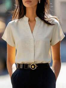 SHEIN Women's Elegant Light Beige Short-Sleeved Shirt Top With Collar,Business Office Summer Blouses,Classy Fashionable Casual Commuter Wear For Graduation - Khaki - View 8