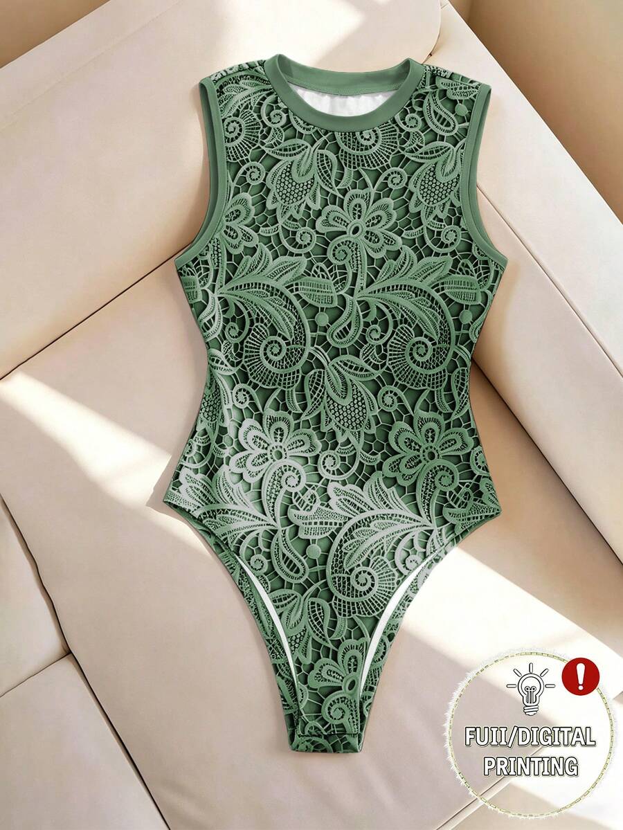 SHEIN Clasi Loral 印花圓領細肩帶連身褲 日常舒適顯瘦 夏季女款休閒浪漫優雅內搭外出穿搭 鼠尾草綠花卉 - 綠色 - 查看 1
