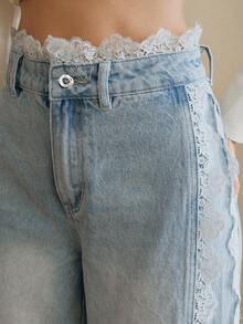 Anewsta Jeans rectos de pierna casual con parches de encaje azul lavado - Azul - Ver 1