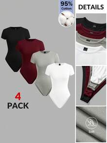 SHEIN BASICS 4件套女士休闲纯色短袖修身连体衣，夏季日常通勤百搭 - 彩色 - 查看 9