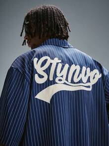 STYNVO 男士條紋字母刺繡襯衫與長褲套裝 - 藏蓝色 - 查看 5