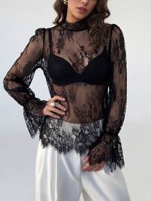 Rafferiza Women's Sexy Lace Flare Sleeve Top, Stylish Beach Vacation Party Revealing Crop Top - Black - View 3
