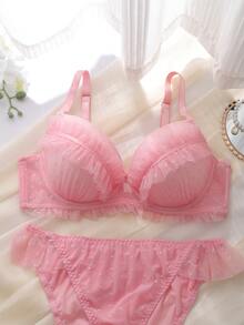 DelicateAllure 2pcs Pink Underwire Molded Cup High Support High Coverage Kawaii Cute Coquette Babydoll Comforty Balconette Ruffle Lace Romantic Sweet Plus Size Lingerie Set - Berwarna merah muda - View 3