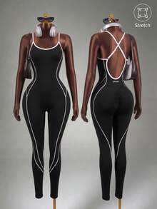 Mistrie Black & White Backless Camisole Seamless Active Jumpsuit Sports - Black and White - View 2