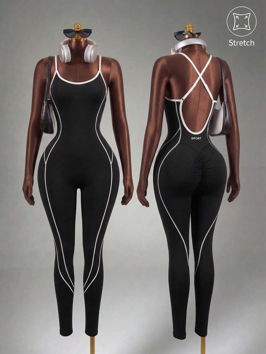 Mistrie Black & White Backless Camisole Seamless Active Jumpsuit Sports