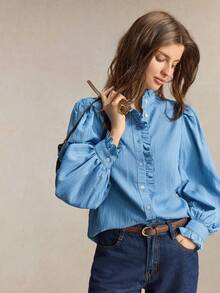BizChic Fall Light Blue Shirt, Ruffle Collar, Front Pleats, Back To School, Church, Office, Special Occasions, Elegant French Style, Halloween, Birthday - Blue - View 4