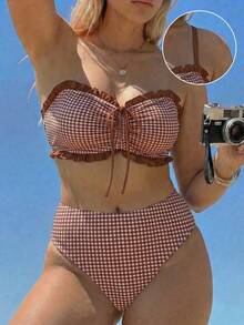 Swim Mod 2026 New Spring/Summer Brown Plaid Random Print Ruffled Trim Pearl Pendant Front Drawstring Women's Cute Sweet Bikini Set Set, Suitable For Summer Beach And Vacation - Multicolor - View 1