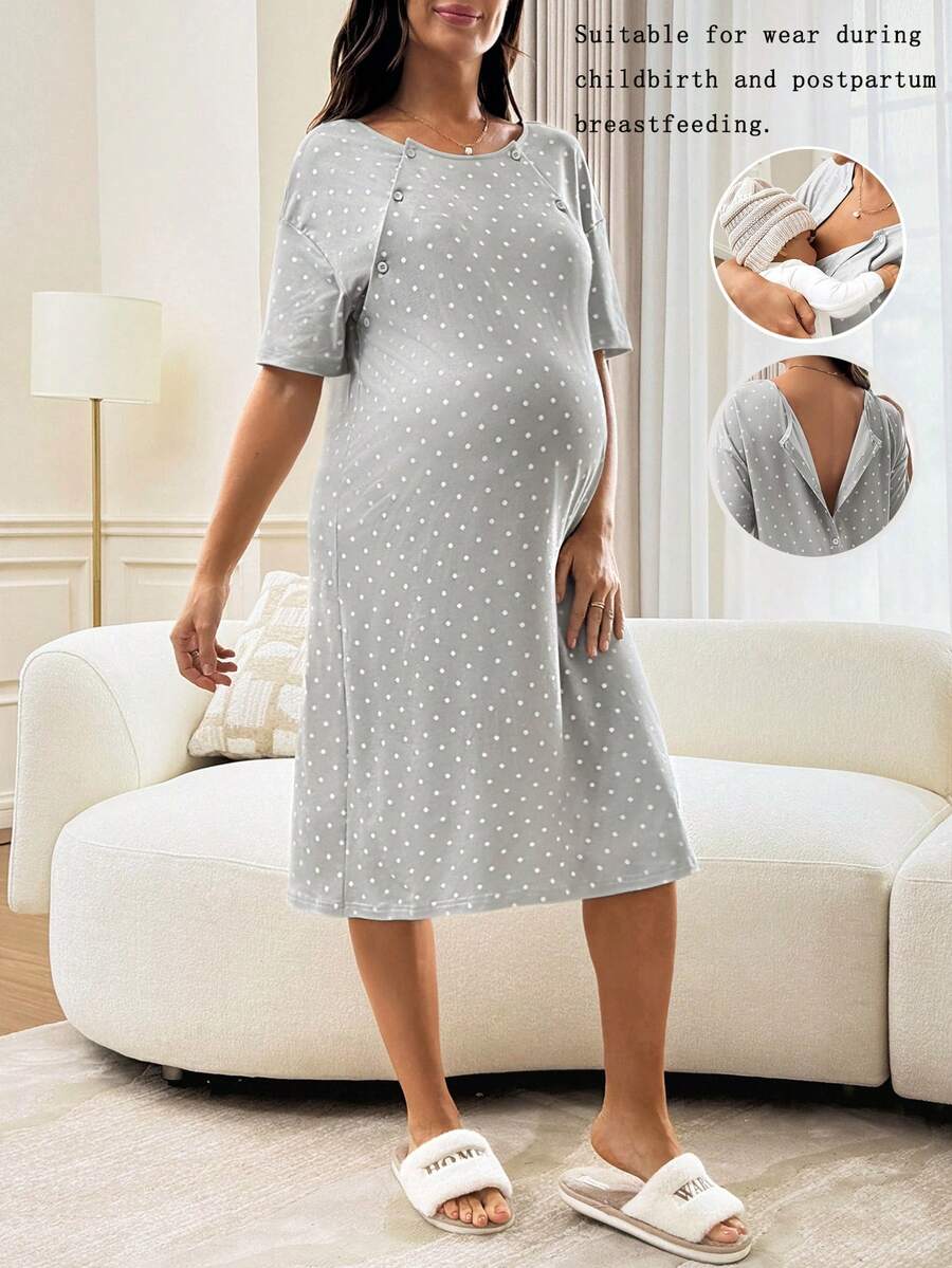 SHEIN 孕婦波點哺乳休閒日常洋裝 - 灰色 - 查看 1