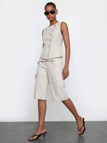 Maija Apricot Striped Summer Fall Urban Women 2 Pieces Set Asymmetric Front Top Sleeveless Fitted Waist Wide Leg Casual Wrap Pants Festival Going Out Casual - Apricot - View 7