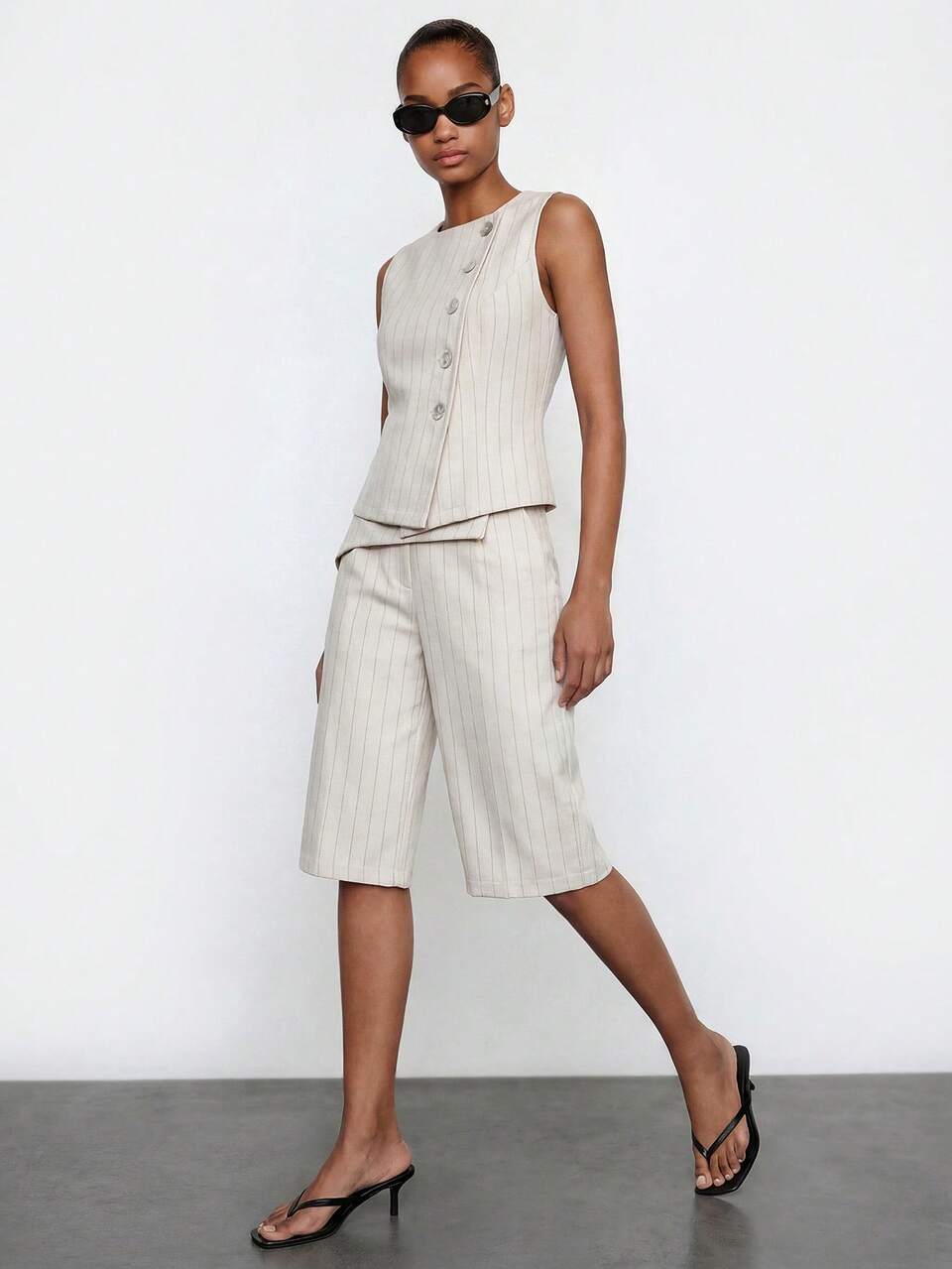 SHEIN Maija Apricot Striped Summer Fall Urban Women 2 Pieces Set Asymmetric Front Top Sleeveless Fitted Waist Wide Leg Casual Wrap Pants Festival Going Out Casual