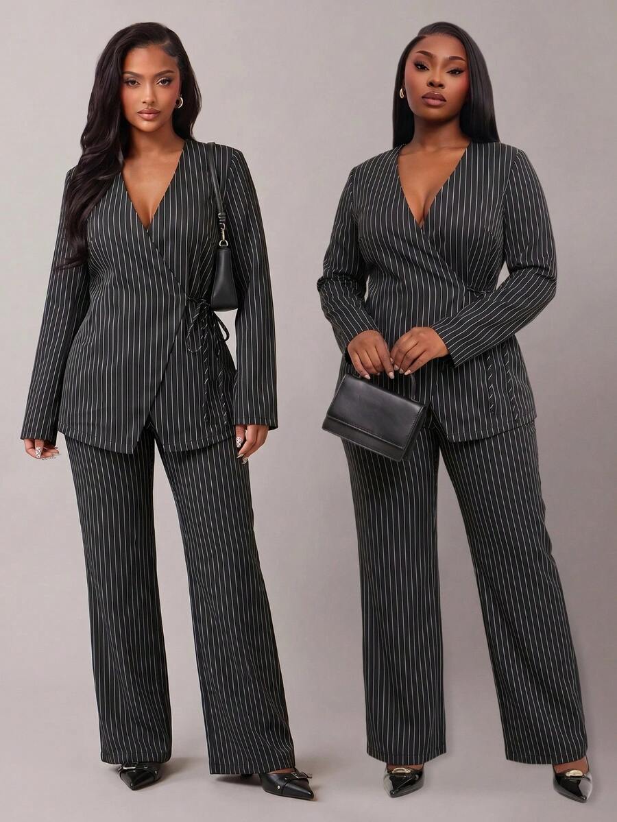 SHEIN SXY Plus Size Women's Striped Side-Tie Waist Jacket And Pants Suit Set - Black - View 1