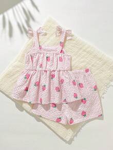 SHEIN Playful Pals 2件組女嬰幼兒/新生兒 0-3歲 春夏休閒日常可愛度假條紋蝴蝶結圖案背心上衣+短褲套裝 - 彩色 - 查看 2