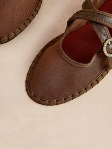Rosivie 女款春夏新款復古棕色網紗圓頭交叉設計水鑽扣時尚平底鞋 - 棕色 - 查看 3
