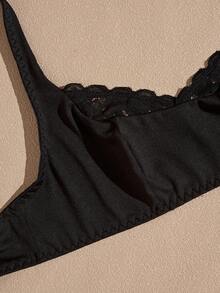 Sujetador inalámbrico de mujer Lullawish de color liso con patchwork de encaje romántico - Negro - Ver 5