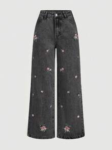 Sweetra 花卉刺繡休閒女款牛仔褲 - 灰色 - 查看 3