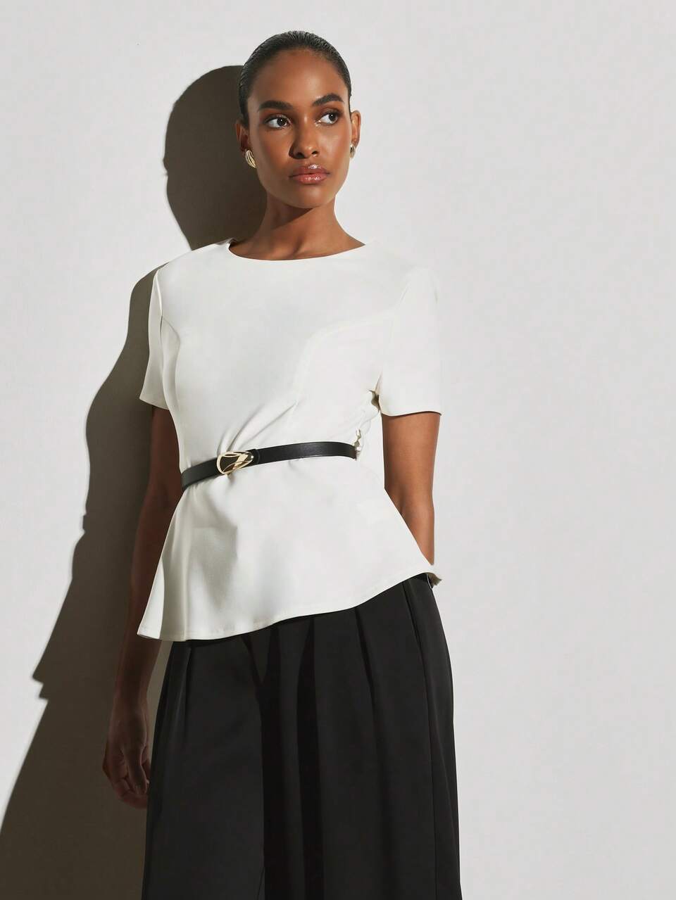KSTM Elegant Peplum Blouse With Round Neckline And Short Sleeves Structured Waist Flare Office Ready Spring Summer Top
