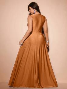 Cravure Plus Size Women's Knit Sleeveless Elegant Sexy Brown Dress Twisted V-Neck Glossy Finish Cinched Waist Evening Party Formal Wedding Summer Thanksgiving - Brown - View 2