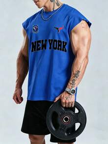 Coreblaze Men's Letter Print Casual Fitness Sports Tank Top - Blue - View 1