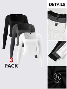 SHEIN BASICS 3件套纯色针织长袖修身圆领短款女式T恤 - 黑色 - 查看 10