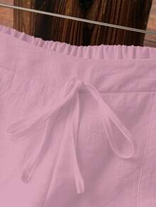 SHEIN PETITE 女款優雅度假休閒亞麻風長褲 - 粉色 - 查看 6