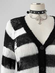 Sunspun Plus Size Plus Size Striped Distressed Knit Cardigan Y2K Grunge Hollow Mesh Sweater Ripped Fringe Ra Winter - Black and White - View 4
