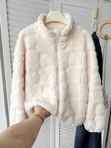 SHEIN Tween Girl Casual Versatile Heart Pattern Fuzzy Long Sleeve Stand Collar Jacket , Fall/Winter - White - View 8
