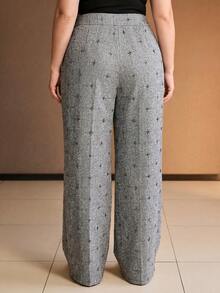 MOTF PREMIUM PLUS SIZE WOMEN'S AUTUMN/WINTER TWEED RHINESTONE DECORATED LOOSE WIDE LEG LONG PANTS - Grey - View 7