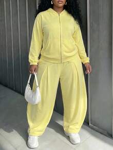 Slaydiva 休閒簡約長袖連帽衛衣 2 件套 秋季 - 黃色 - 查看 6