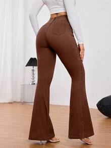 SHEIN Tall 女款口袋喇叭休閒百搭牛仔褲，適合高個女性 - 咖啡棕 - 查看 2