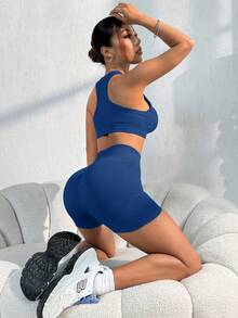 Dewbera Dewbera Conjunto deportivo de verano con top corto de punto acanalado de unicolor y pantalones cortos de ciclismo de cintura alta para mujer - Azul Marino - Ver 6