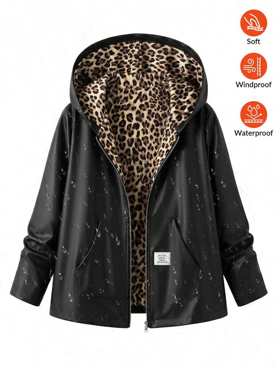 SHEIN Clasi 大尺碼女款可正反穿字母印花牛仔拉鍊連帽外套 - 黑色 - 查看 1