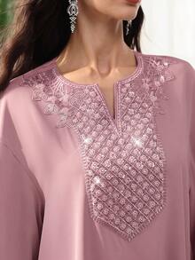 SHEIN Najma 女款春秋冬季溫柔灰粉色圓領刺繡串珠喇叭袖寬鬆款阿巴雅長袍，適合日常、拜訪、聚會與祈禱 - 藕粉色 - 查看 7