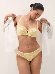 LUVLETTE Sujetador de lencería con bordado de margaritas, balconette transpirable sin forro, encaje floral amarillo transparente, minimizador de malla, ropa interior íntima - Amarillo - Ver 10
