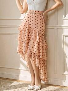 Suri Mira Falda Romántica Francesa Elegante Retro con Patrón de Lunares Marrones, Volantes Multicapa y Dobladillo Asimétrico, para Citas, Té de la Tarde, Fiestas y Aire Libre, Verano/Otoño - Rosa coral - Ver 4