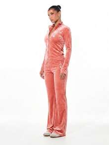 BABYPHAT Velour Long Sleeve High Neck Zip-Up Crop Jacket With Script Logo Detail - Coral Pink - View 5