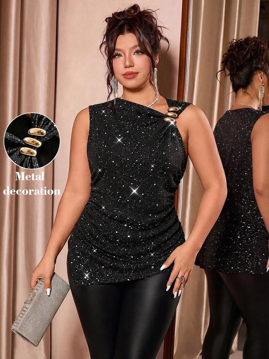 Cravure Top de tirantes elegante de talla grande, de punto con alta elasticidad, tela con lámina plateada, sin mangas, cuello asimétrico inclinado, diseño retorcido de un solo lado con hebilla decorativa metálica, cintura fruncida, bajo asimétrico, moda primavera-verano para citas, fiestas, reuniones, ir al trabajo y streetwear - Negro - Ver 1