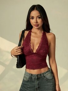 Vivamere 女款花卉蕾絲V領短版背心，性感修身，適合嬌小女性 - 酒紅色 - 查看 6