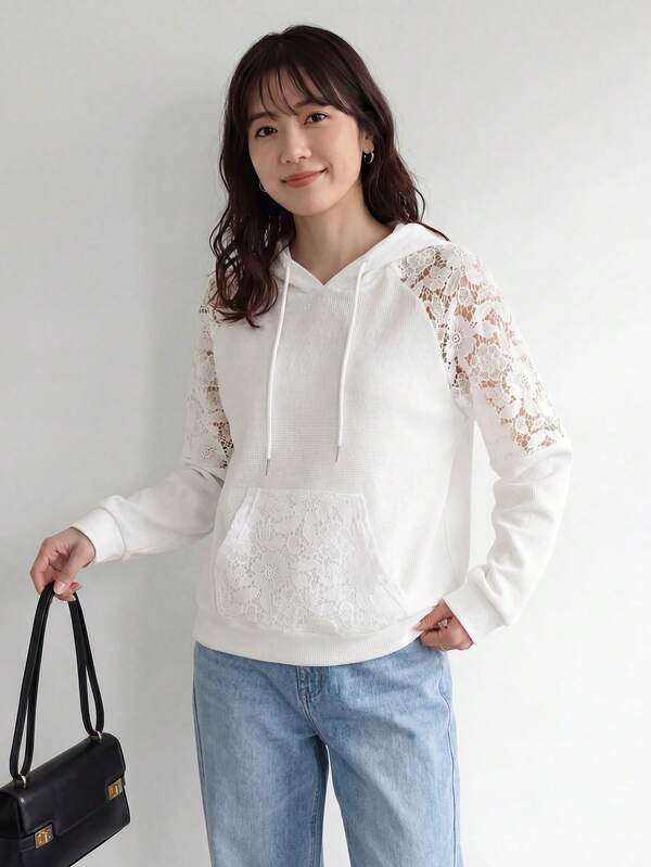 Yumoku Women's Autumn & Winter Lace Spliced Crisscross Ribbed Casual Hoodie,Long Sleeve Tops,Casual