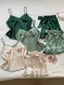 Comfortcana 3件套撞色荷叶边仿丝绸套装 - 彩色 - 查看 1
