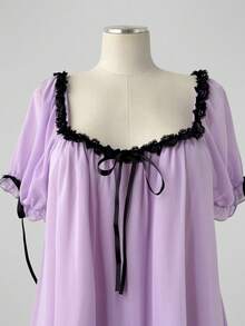Sunspun Plus Size Vintage Asymmetrical Hem Lace Trim Patchwork Dress - Purple - View 3