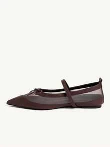 CUCCOO CHICEST Women's Shoes Breathable Mesh Bow One-Buckle Pointed Heel Simple Mesh Splicing Brown Mary Jane Flats Commuter Dating Party Fall Shoes - dark brown - View 5