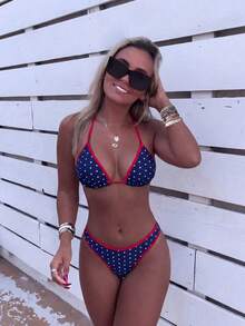 SHEIN Swim 女款 2 件組熱帶可愛性感豹紋掛脖三角比基尼上衣與性感可愛三角比基尼褲套裝 - 彩色 - 查看 1