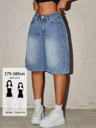 SHEIN Tall Calções de ganga femininos de comprimento até ao joelho, para mulheres altas