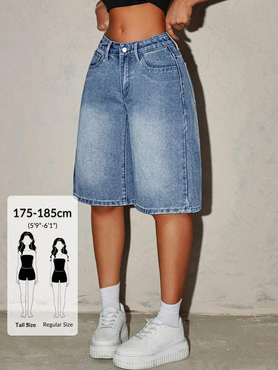 SHEIN Tall 女款時尚膝長牛仔短褲，適合高個女性 - 淺色水洗藍 - 查看 1