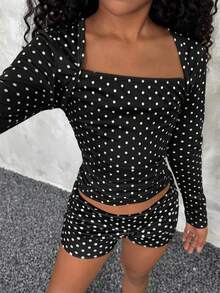 Camiseta ajustada de moda para niñas preadolescentes en otoño con mangas raglán, cuello en U, cintura fruncida, elástica - Blanco y Negro - Ver 3
