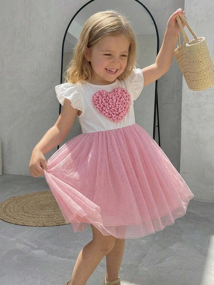 Elladie kids 少女 3D 心形裝飾圓領荷葉袖可愛洋裝