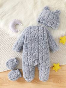 Neugeborenes Baby Unisex Blau Doppelseitig Zopfstrick Plüsch Langarm Langer Jumpsuit Mütze Handschuhe Set, Bequem Niedlich Weich Stern Dekor Hauskleidung, Geeignet für Outdoor - Blau - Übersicht 2